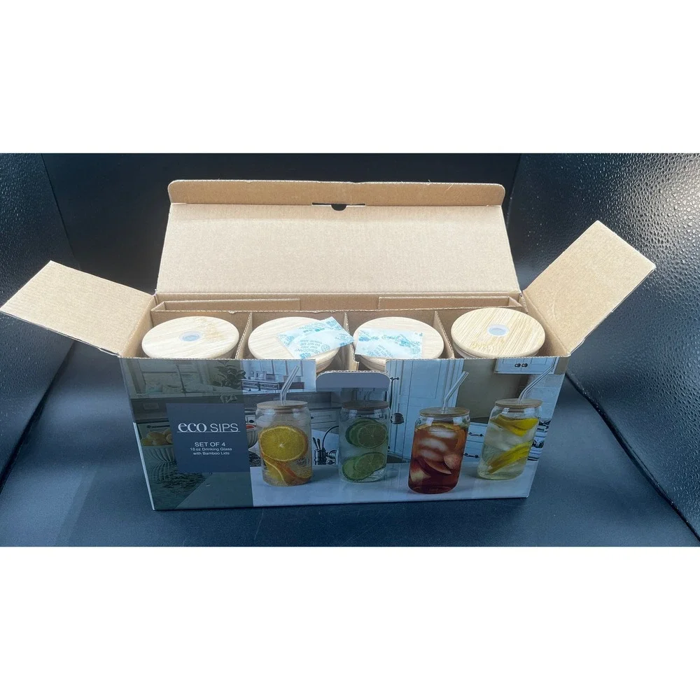 Eco Sips Set of 4 18oz‎ Drinking Glass with Bamboo Lids and Glass Straws NEW